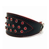 Wide black tapered leather collar with soft red leather lining and red crystals from Style Hound - side view