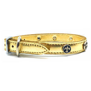 Metallic gold leather collar with solid and intricate metal Fleur de Lis embellishment from Style Hound-side view