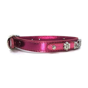 Metallic pink leather collar personalised with diamante name from Style Hound-side view