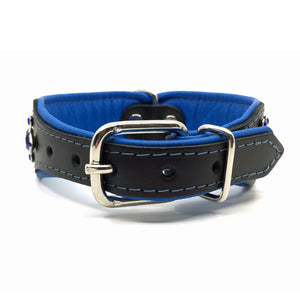 Wide black and blue padded leather collar with blue crystals from Style Hound-back view