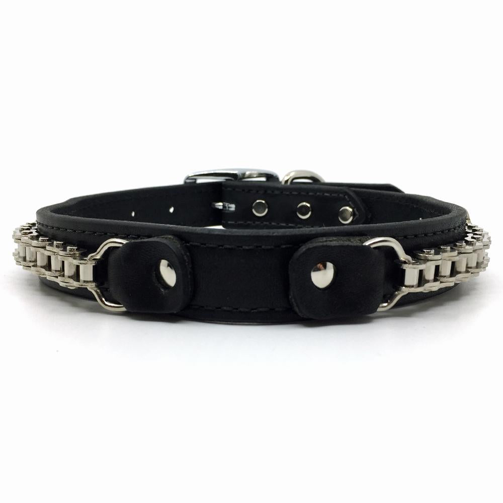Bike Chain embellished black leather collar front view from Style Hound