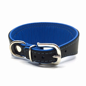 Wide black tapered leather collar with soft blue leather lining and blue crystals from Style Hound - back view