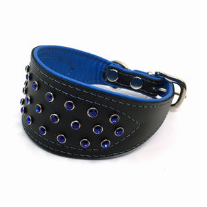 Wide black tapered leather collar with soft blue leather lining and blue crystals from Style Hound - front view