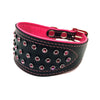 Wide black tapered leather collar with soft pink leather lining and pink crystals from Style Hound - front view