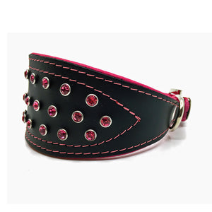 Wide black tapered leather collar with soft pink leather lining and pink crystals from Style Hound - side view