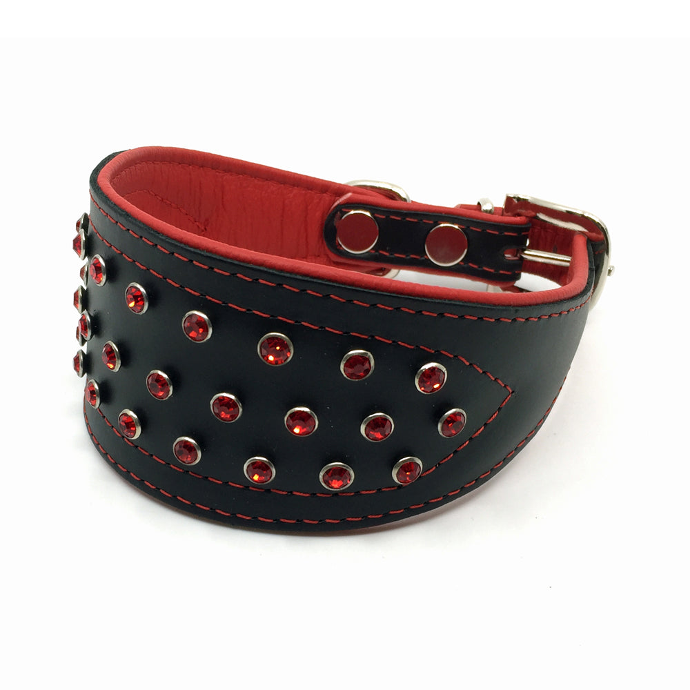 Wide black tapered leather collar with soft red leather lining and red crystals from Style Hound - front view