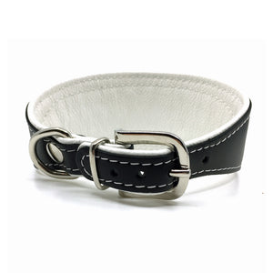 Wide black tapered leather collar with soft white leather lining and clear crystals from Style Hound - back view