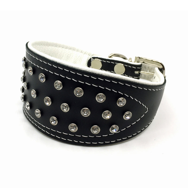 Wide black tapered leather collar with soft white leather lining and clear crystals from Style Hound - back view