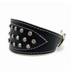 Wide black tapered leather collar with soft white leather lining and clear crystals from Style Hound - side view