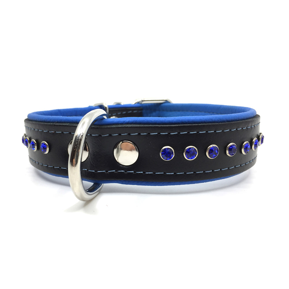 Black leather collar with soft blue leather lining and a single row of blue crystals from Style Hound - front view