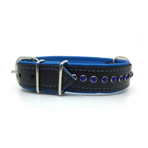 Black leather collar with soft blue leather lining and a single row of blue crystals from Style Hound - side view