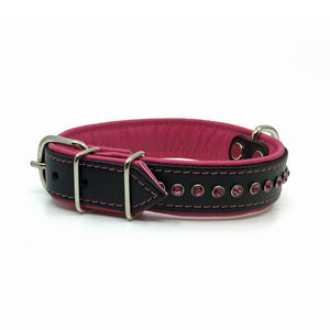Black leather collar with soft pink leather lining and a single row of pink crystals from Style Hound - side view
