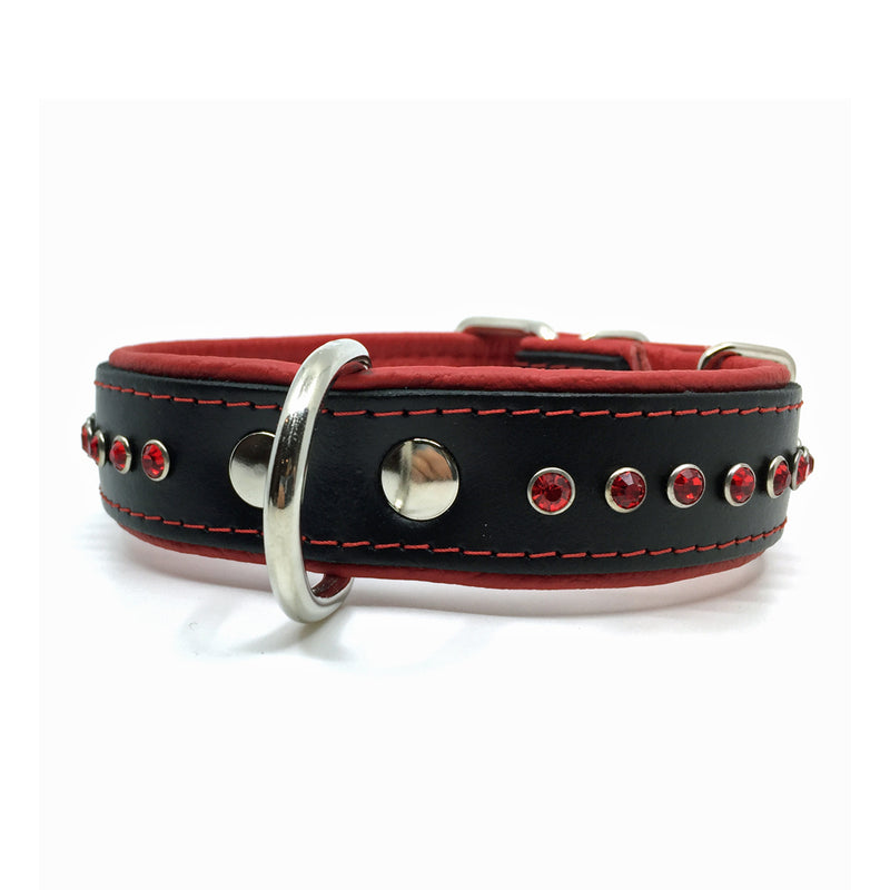 Black leather collar with soft red leather lining and a single row of red crystals from Style Hound - side view
