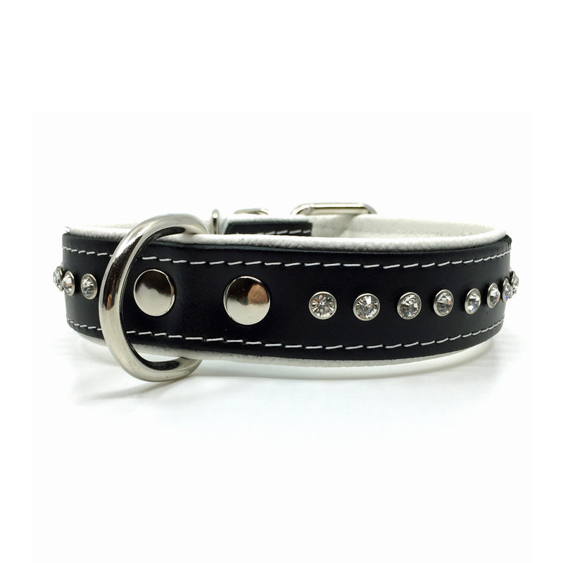 Black leather collar with soft white leather lining and a single row of clear crystals from Style Hound - front view