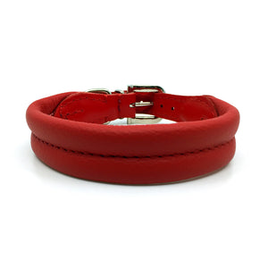 Red double rolled nappa leather collar with seam in the centre from Style Hound - front view