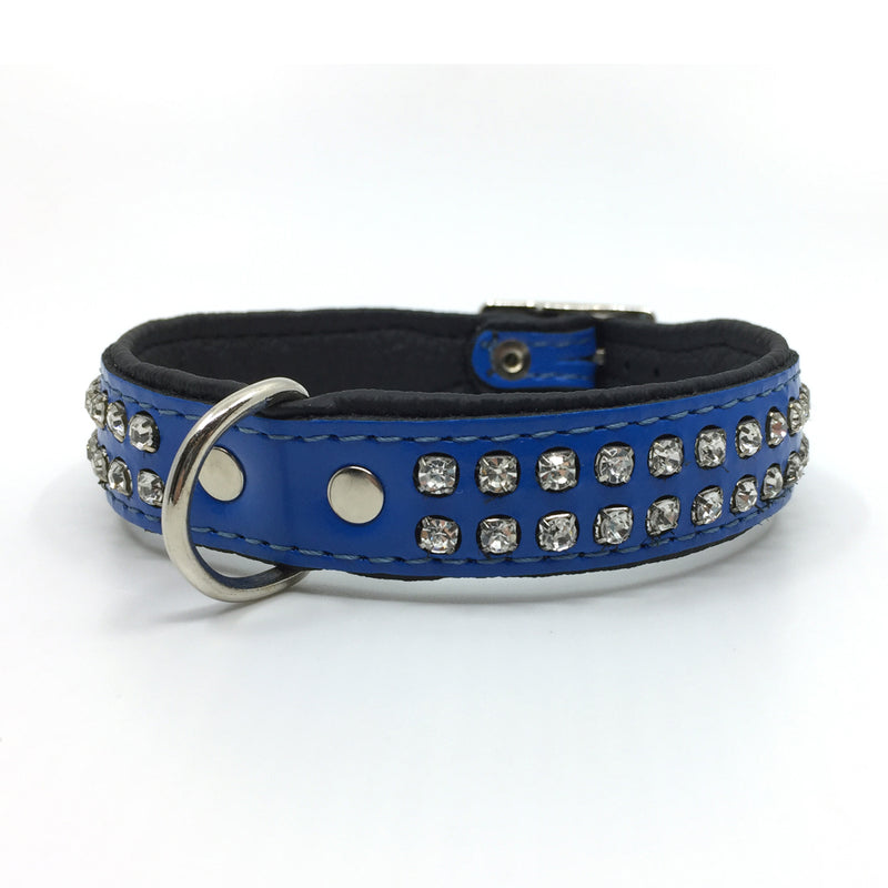 Blue leather collar with 2 rows of inlaid clear crystals from Style Hound - side view