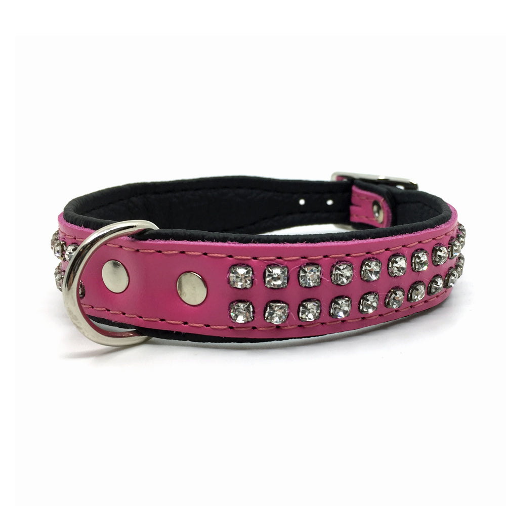 Pink leather collar with 2 rows of inlaid clear crystals from Style Hound - front view