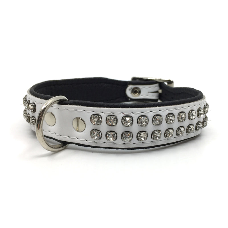 White leather collar with 2 rows of inlaid clear crystals from Style Hound - front view