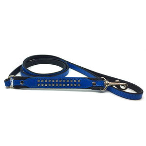 Padded blue leather lead with 2 rows of inlaid crystals from Style Hound - detail view