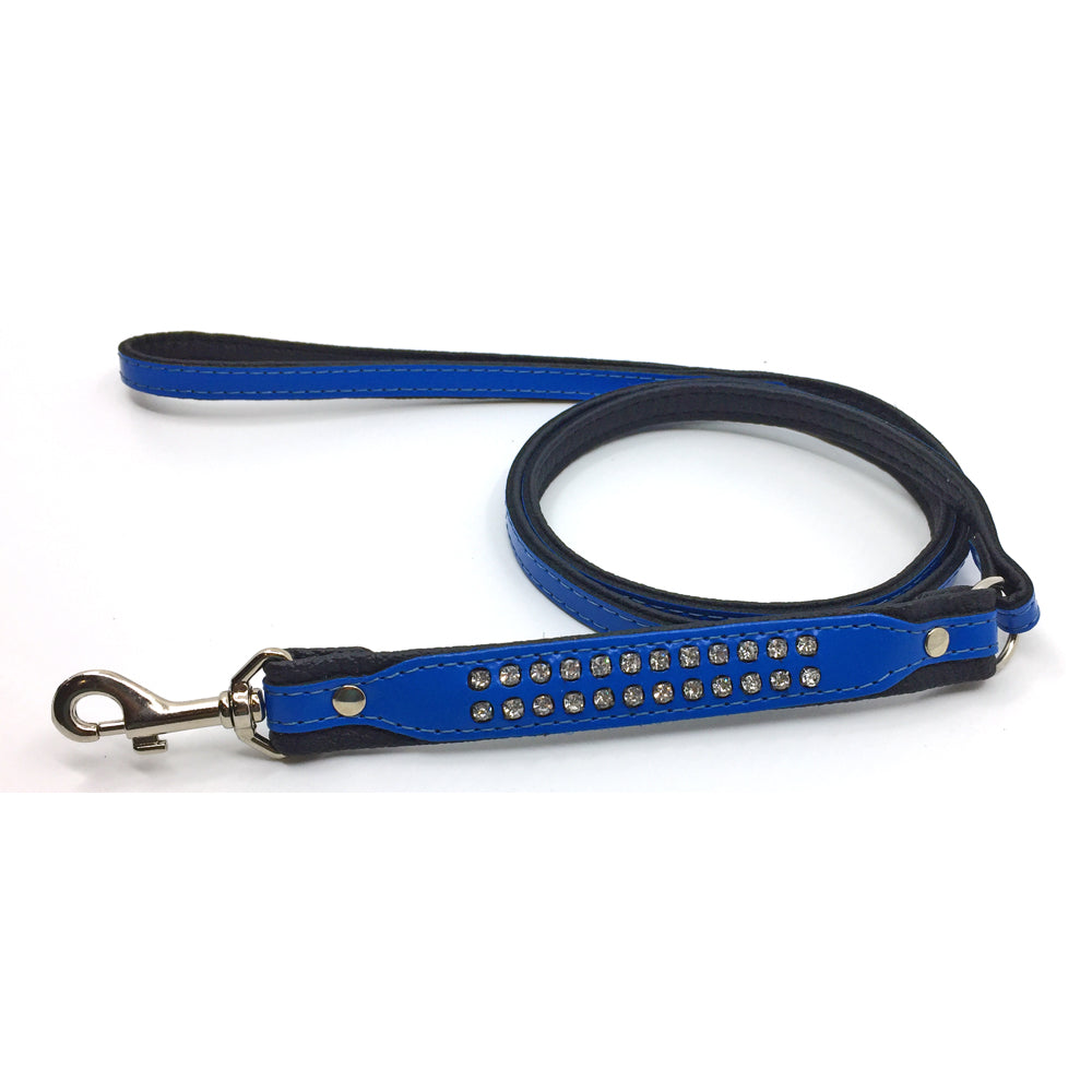 Padded blue leather lead with 2 rows of inlaid crystals from Style Hound - front view