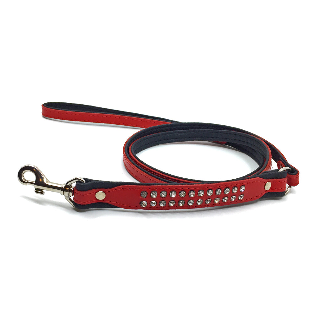 Padded red leather lead with 2 rows of inlaid crystals from Style Hound - front view