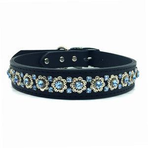 Black signature leather collar featuring intricate filigree design with blue crystals Black signature leather collar featuring intricate filigree design with blue crystals from Style Hound-front view