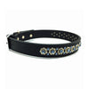Black signature leather collar featuring intricate filigree design with blue crystals from Style Hound-side view