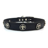 Black signature leather collar with solid and intricate silver metal Fleur de Lis embellishment from Style Hound-front view
