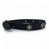 Black signature leather collar with solid and intricate silver metal Fleur de Lis embellishment from Style Hound-side view