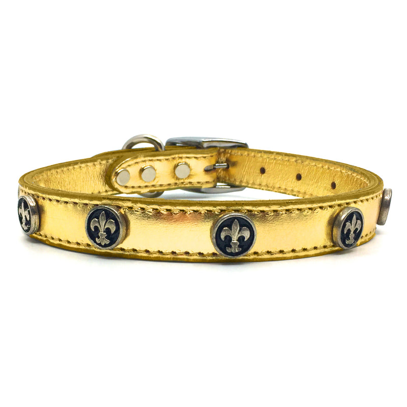 Metallic gold leather collar with solid and intricate metal Fleur de Lis embellishment from Style Hound-detail view