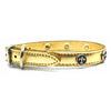 Metallic gold leather collar with solid and intricate metal Fleur de Lis embellishment from Style Hound-side view