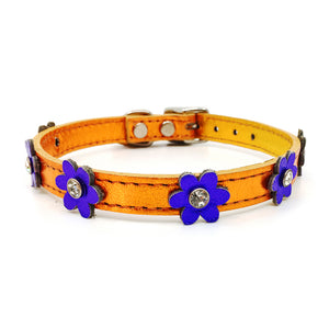 Metallic orange leather collar with purple leather flowers with a crystal in each flower from Style Hound-front view 2