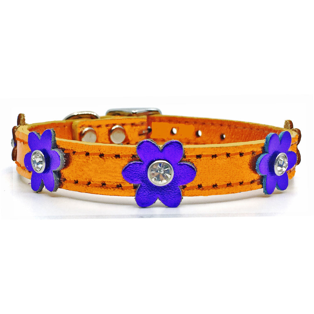 Metallic orange leather collar with purple leather flowers with a crystal in each flower from Style Hound-front view