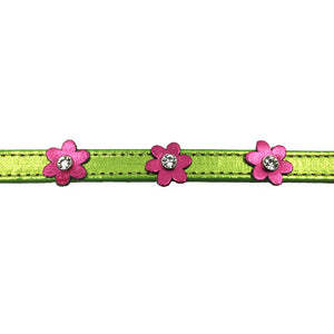 Metallic green leather collar with pink leather flowers with a crystal in each flower from Style Hound-detail view