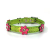 Metallic green leather collar with pink leather flowers with a crystal in each flower from Style Hound-front spotlight view