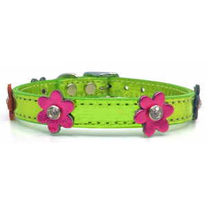 Metallic green leather collar with pink leather flowers with a crystal in each flower from Style Hound-front view