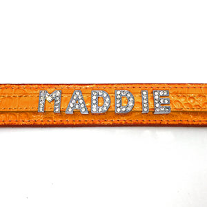 Orange mock croc leather collar personalised with diamante name from Style Hound-detail view