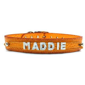Orange mock croc leather collar personalised with diamante name from Style Hound-front view