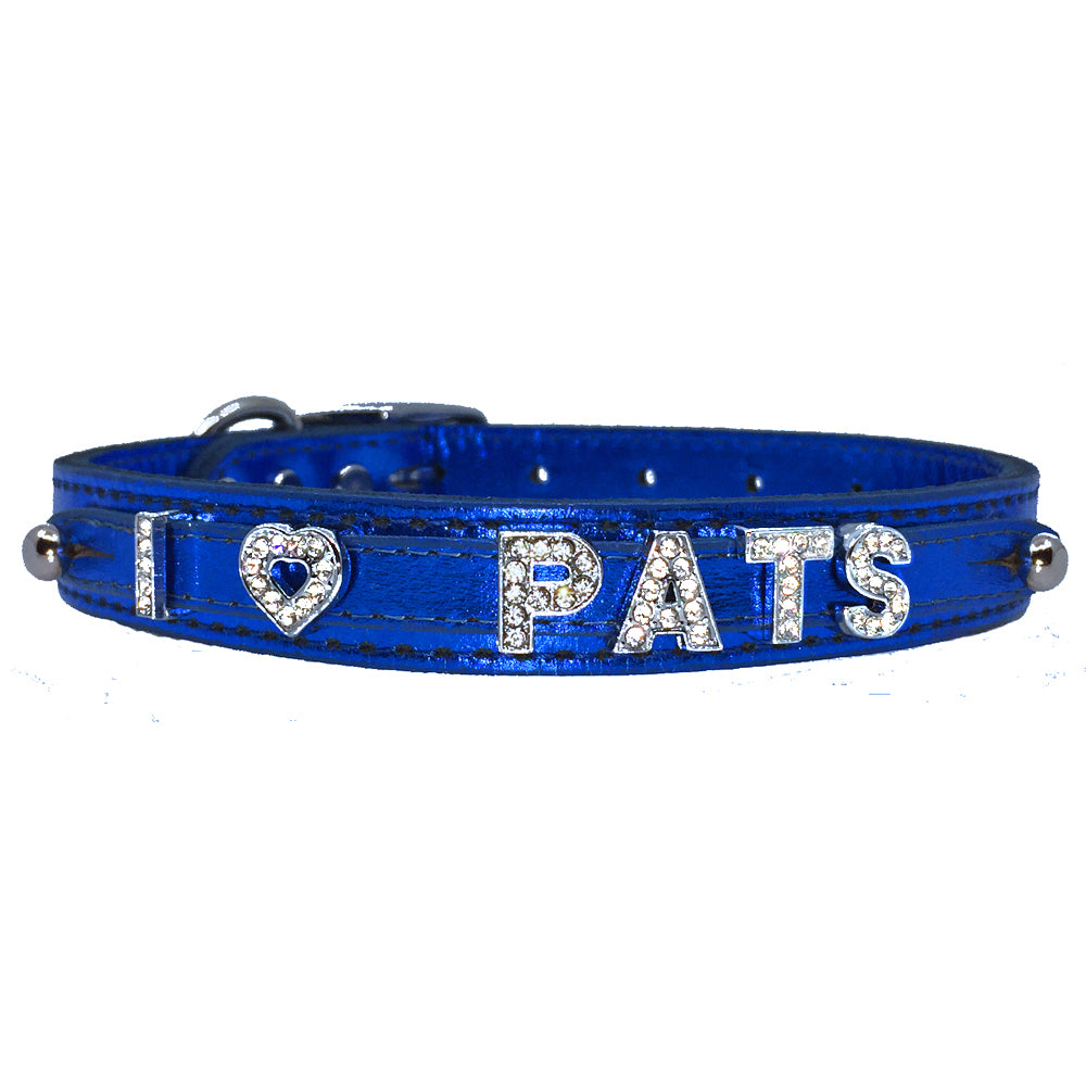Metallic blue leather collar personalised with diamante name from Style Hound-front view