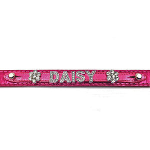 Metallic pink leather collar personalised with diamante name from Style Hound-detail view