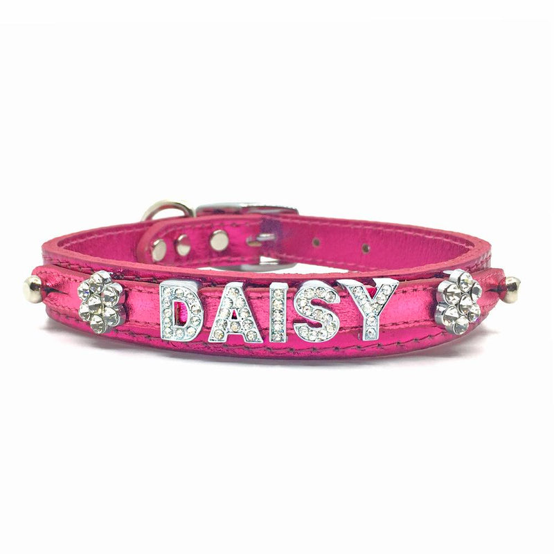 Metallic pink leather collar personalised with diamante name from Style Hound-front view