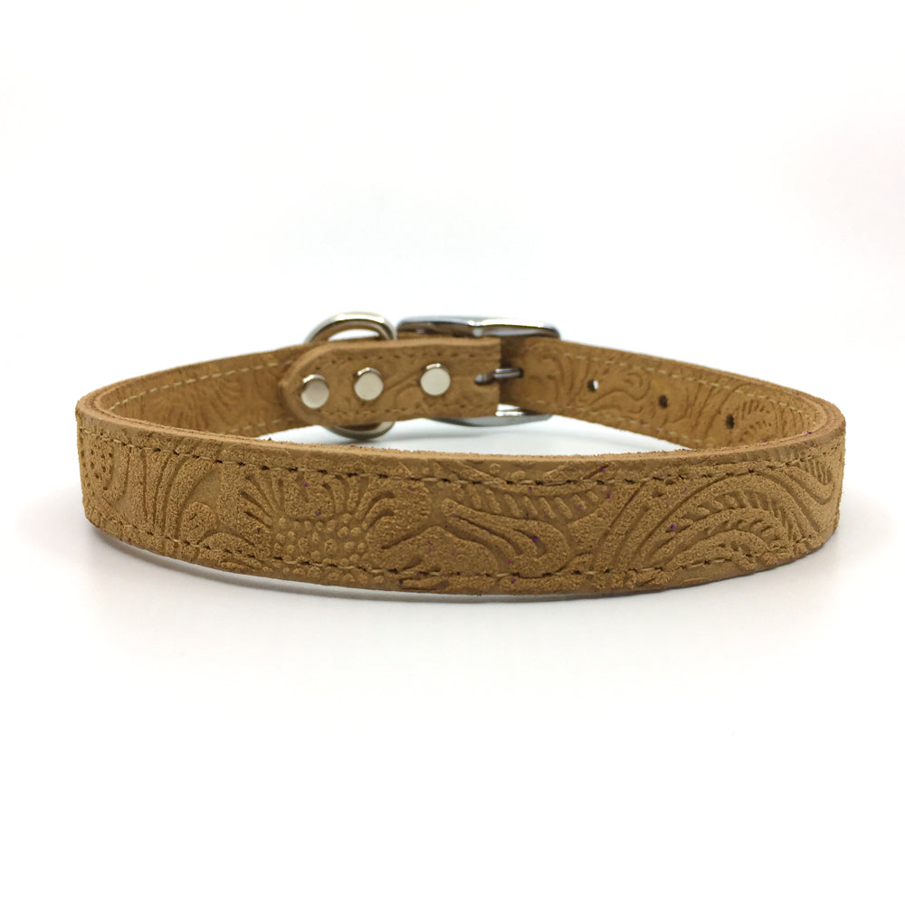 Embossed suede leather collar in a warm caramel colour from Style Hound-front view