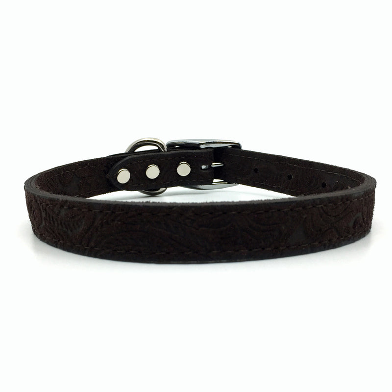 Embossed suede leather collar in a warm chocolate colour from Style Hound-side view