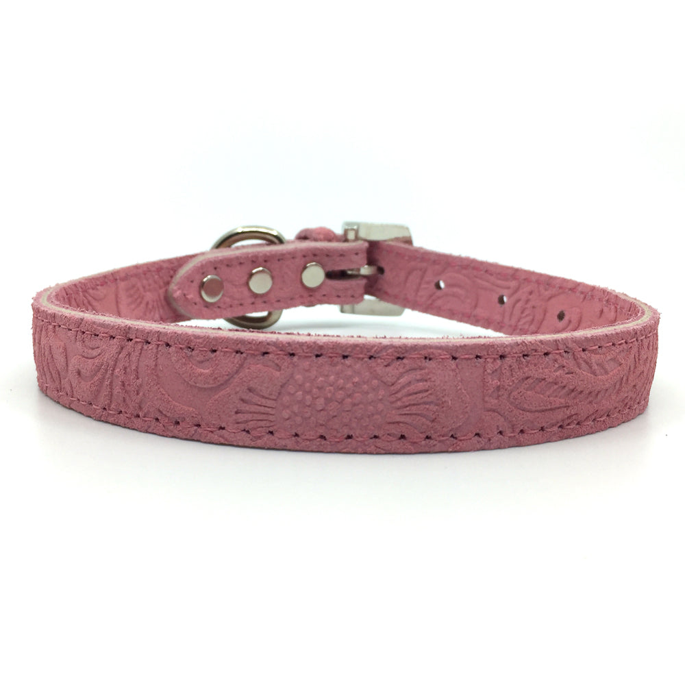 Embossed suede leather collar in a soft pink colour from Style Hound-front view