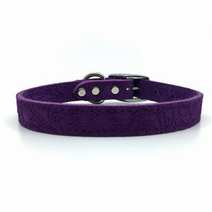 Embossed suede leather collar in a deep purple colour from Style Hound-front view