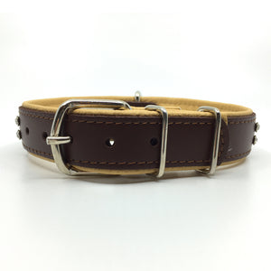 Chocolate brown and natural tan padded leather collar with clear and champagne coloured crystals from Style Hound-back view
