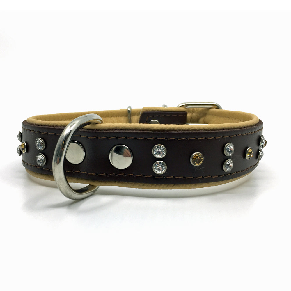 Chocolate brown and natural tan padded leather collar with clear and champagne coloured crystals from Style Hound-front view