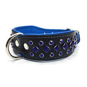 Wide black and blue padded leather collar with blue crystals from Style Hound-front view