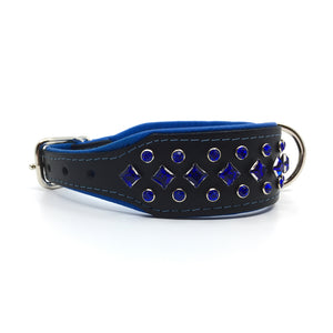 Wide black and blue padded leather collar with blue crystals from Style Hound-side view