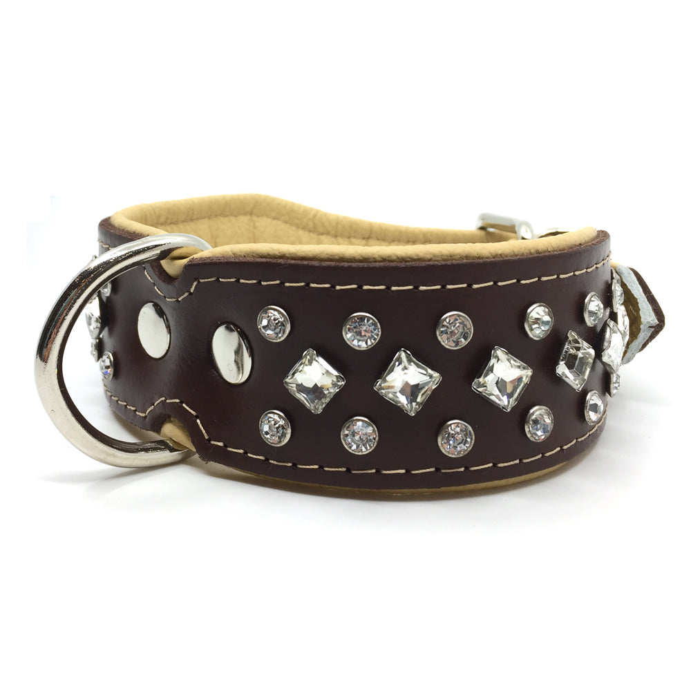 Wide chocolate and natural tan leather collar with white crystals from Style Hound-front view